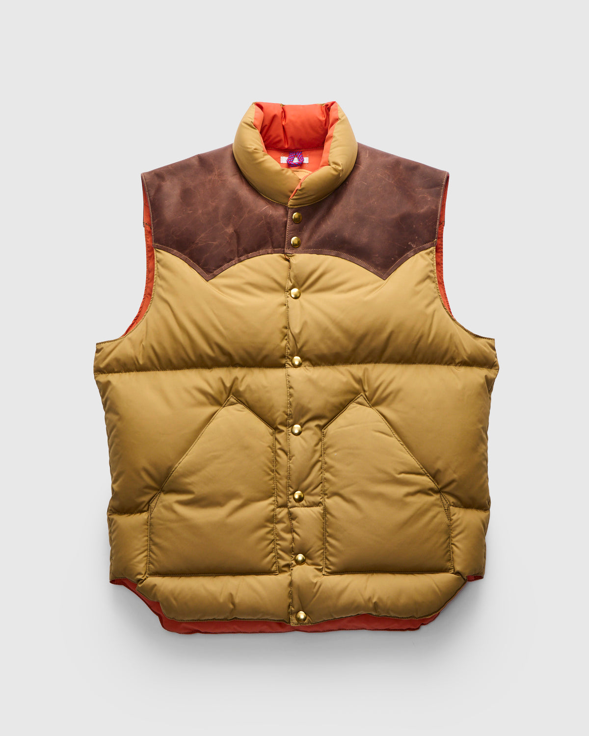 Rocky Mountain Featherbed x Warehouse Nylon Down Vest in Camel 