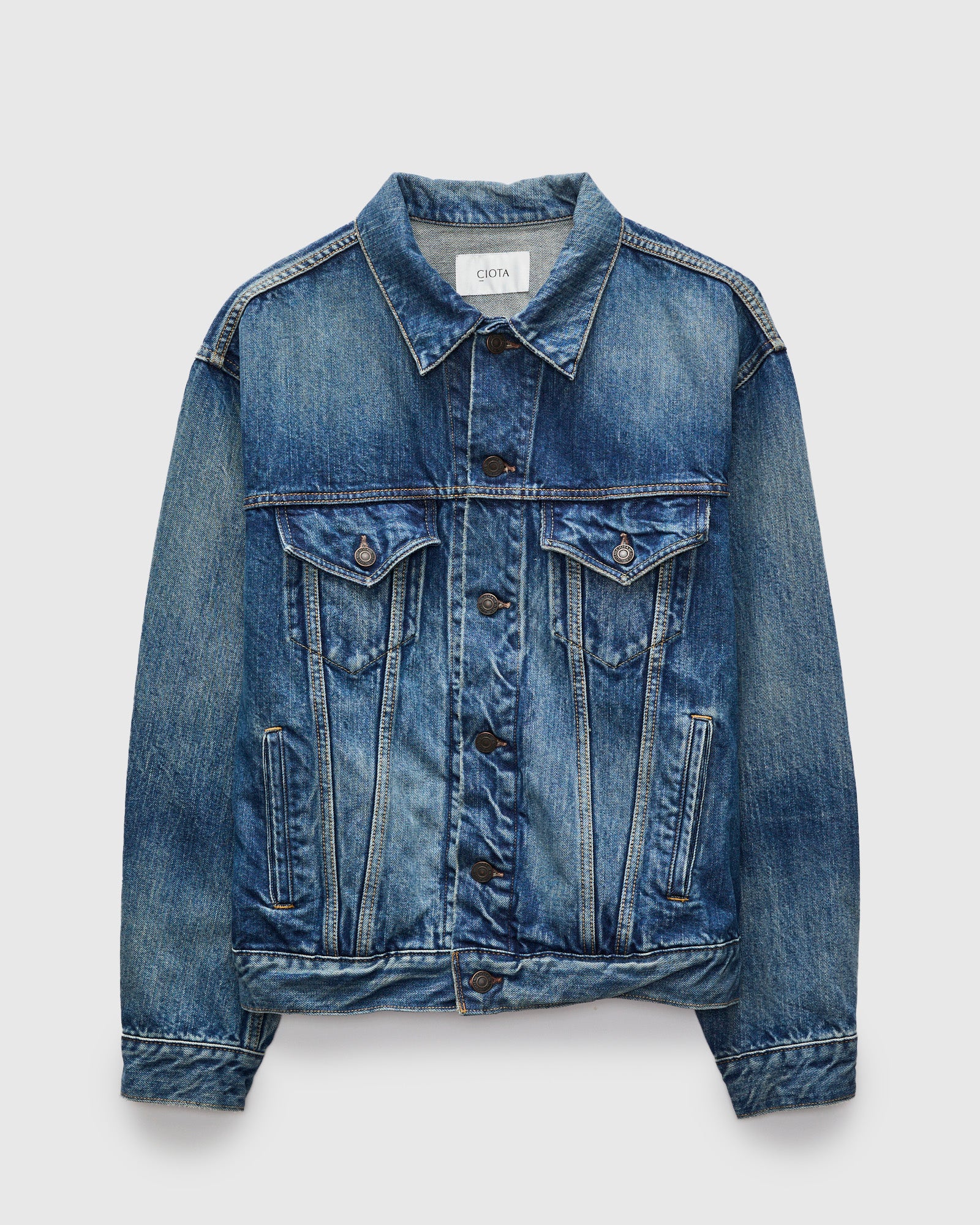 4 Pocket Denim Jacket in Medium Dark Blue Damage – Blue Owl Workshop