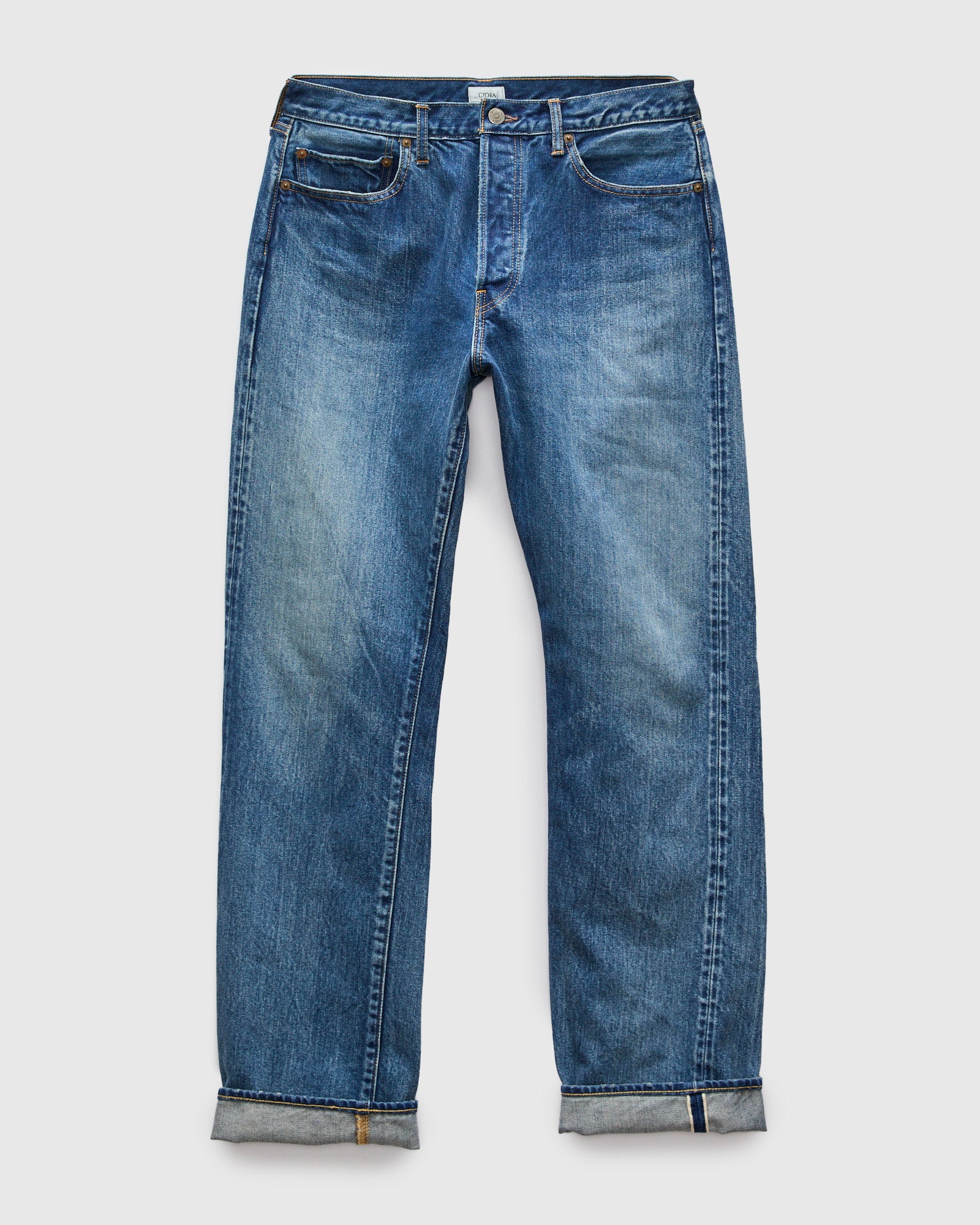 Straight 5 Pocket Selvedge Denim Pants in Medium Dark Blue Damage