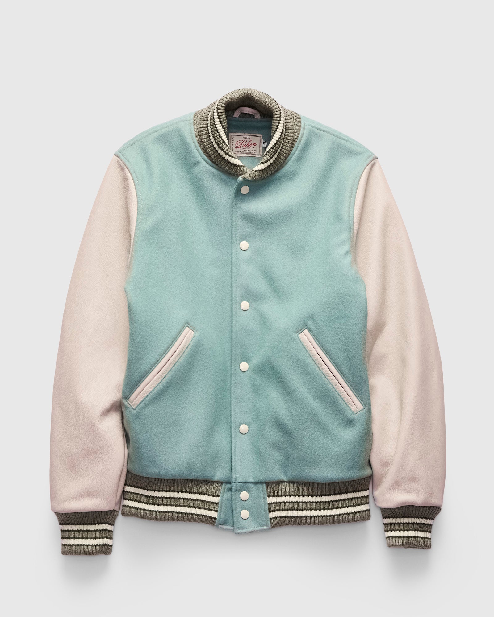 2-Stripe Varsity Jacket in Reef Ecowise Wool Milk Leather – Blue