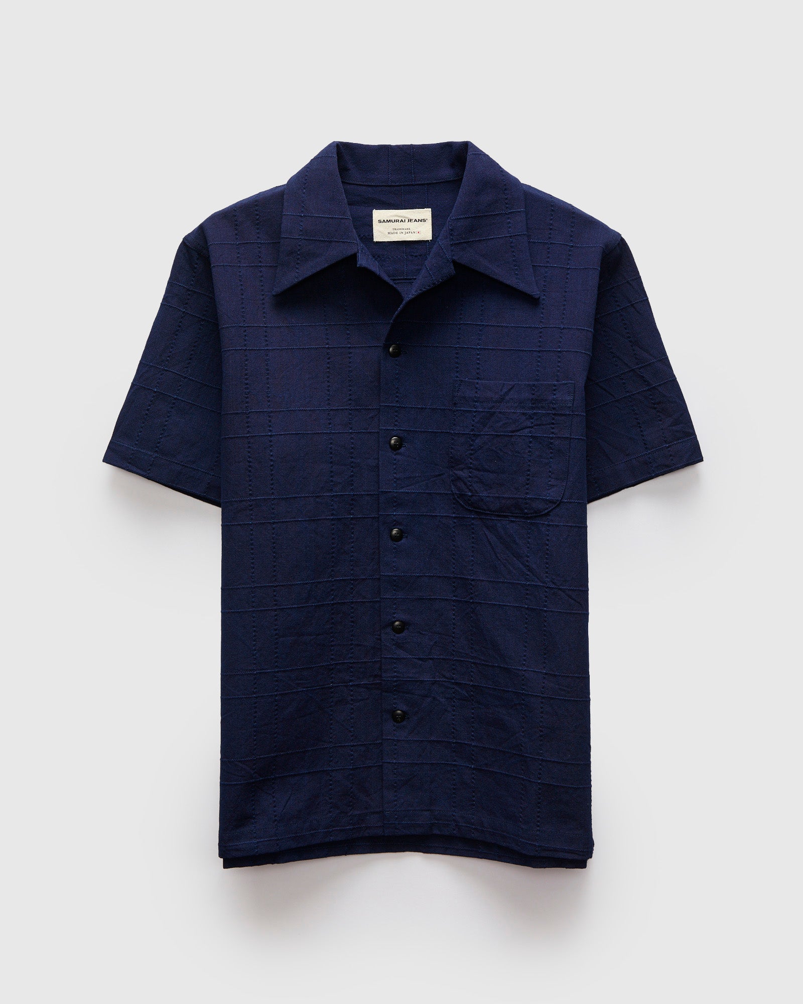 【値下げ】THE SHISHIKUI open collar / NAVY Open Collar Shirt in Indigo Sashiko Lattice – Blue Owl Workshop
