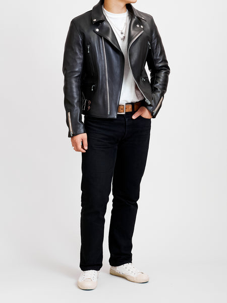 AD-02 Sheepskin Leather Double Riders Jacket in Black – Blue Owl