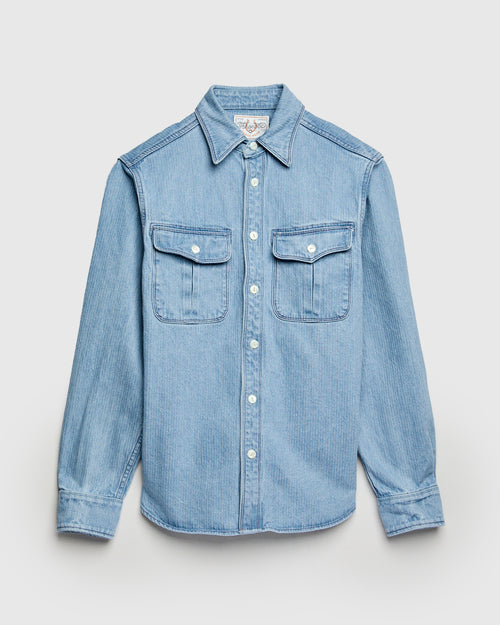 Rancho Western Shirt in Bleached Indigo Stripe