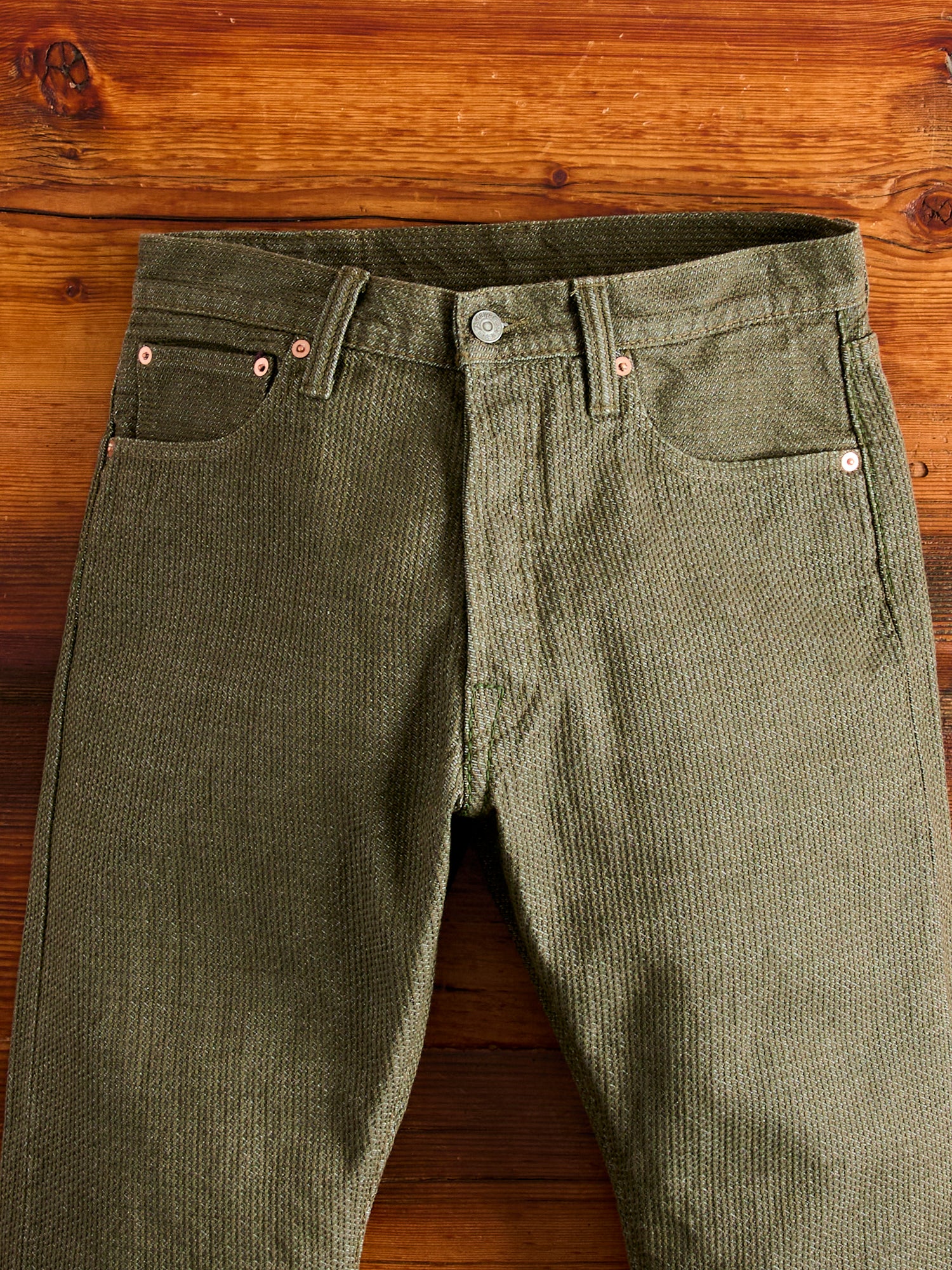 1170-2-OLV Olive Sashiko Denim - Relaxed Tapered Fit – Blue Owl