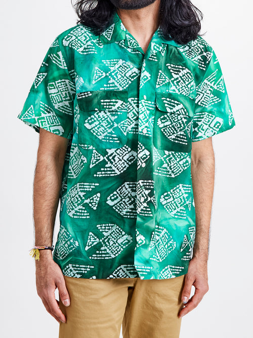 Batik Print Open Collar Shirt in Green
