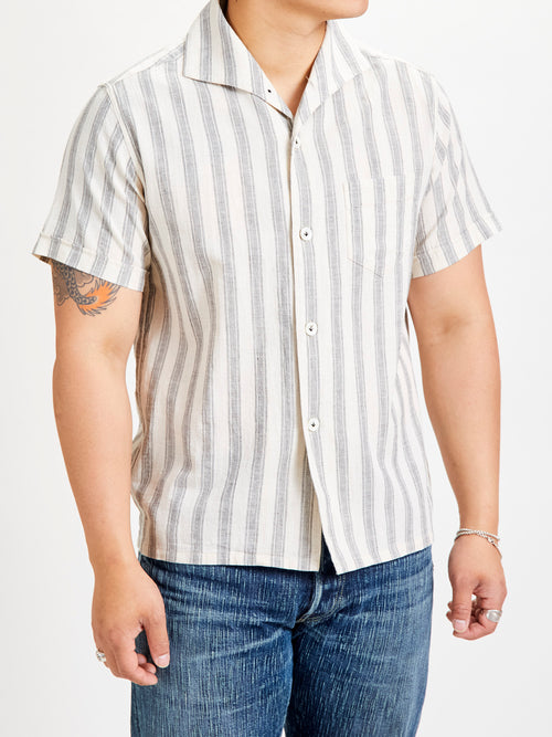 Linen Italian Collar Shirt in White Stripe