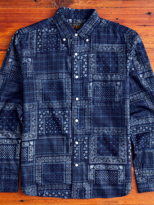 Discharge Print Button-Down Shirt in Indigo