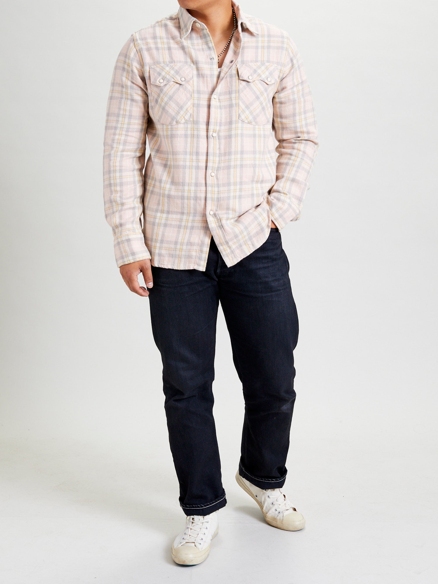 Washed Flannel Pearl Snap Shirt in Abiquiu Sunset – Blue Owl Workshop