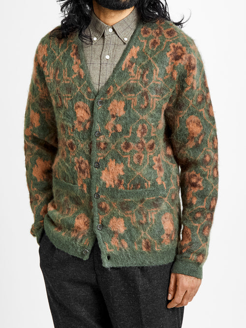 Botanical Pattern Jacquard Cardigan in Olive