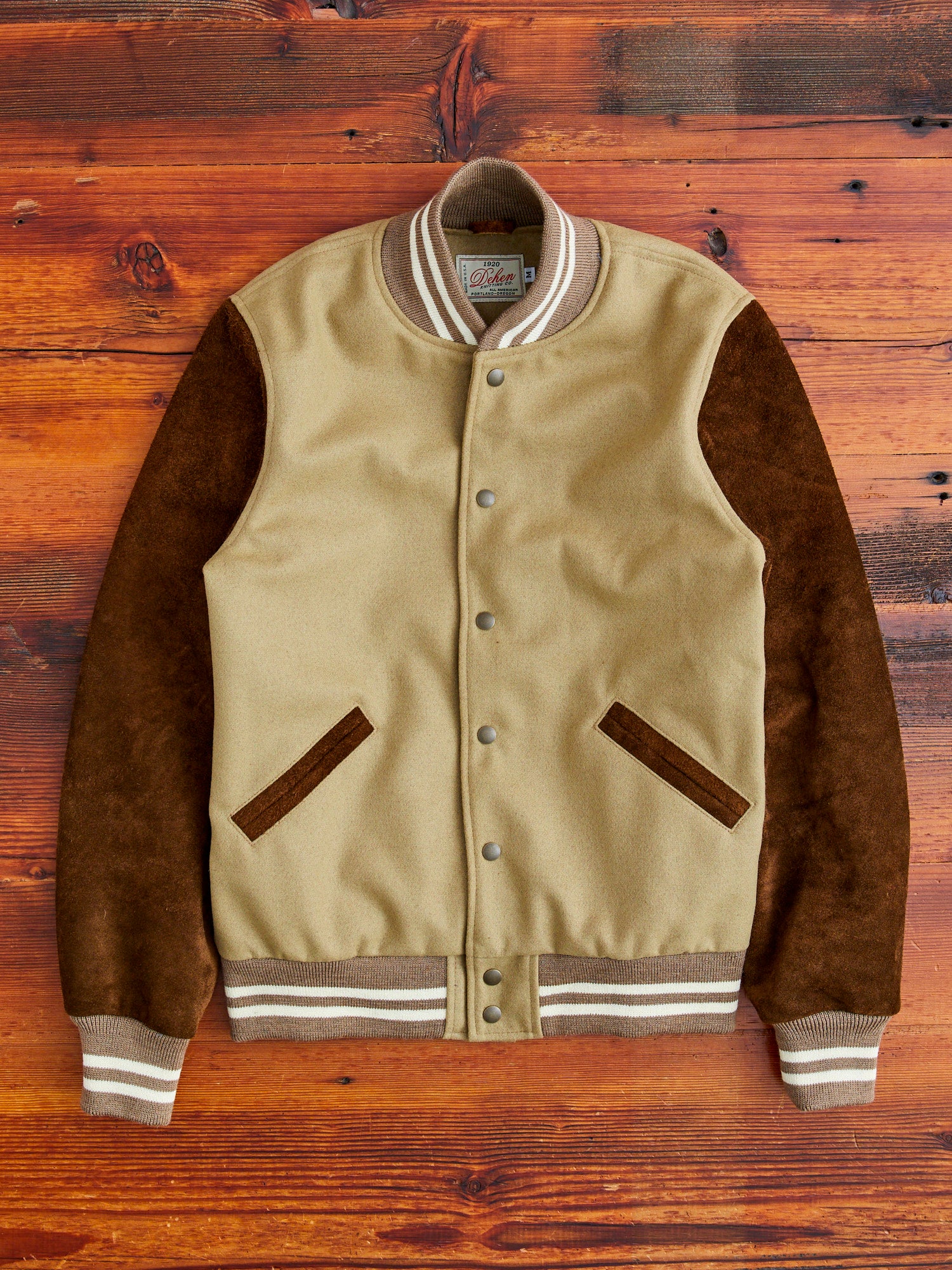 ブルゾン URU 19AW  WOOL OVER JACKET camel Ivy Varsity Jacket in Camel Roughout – Blue Owl Workshop