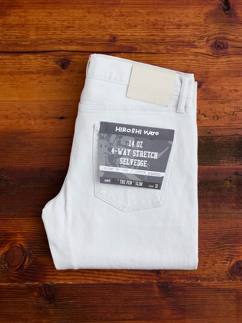"Silver" 14oz Washed Grey-White Stretch Selvedge Denim - Pen Slim