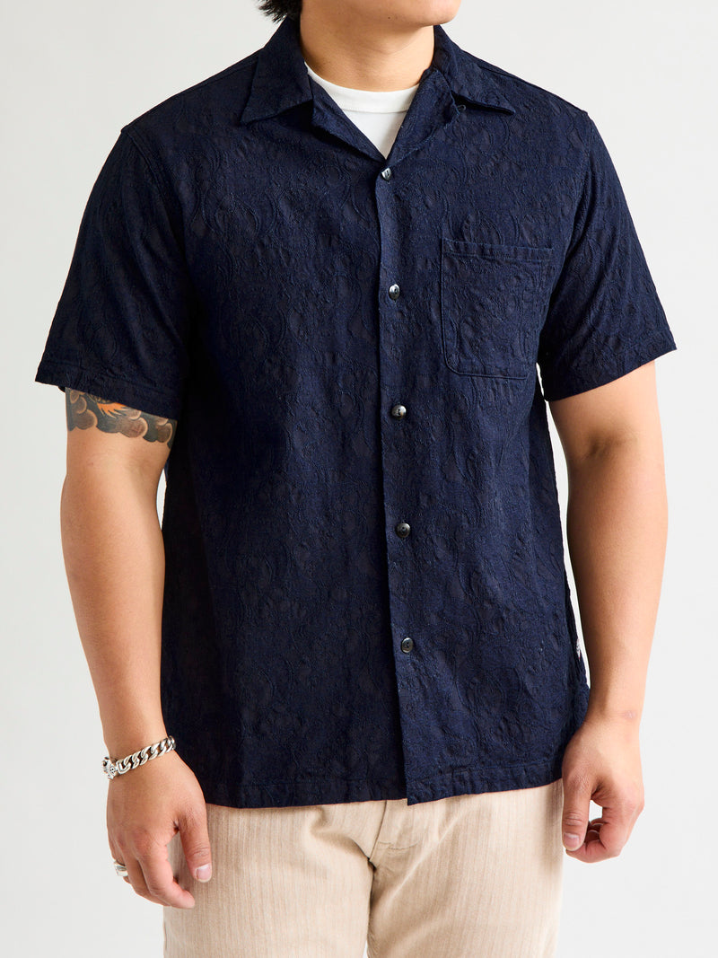 Jacquard Open Collar Shirt in Indigo Paisley