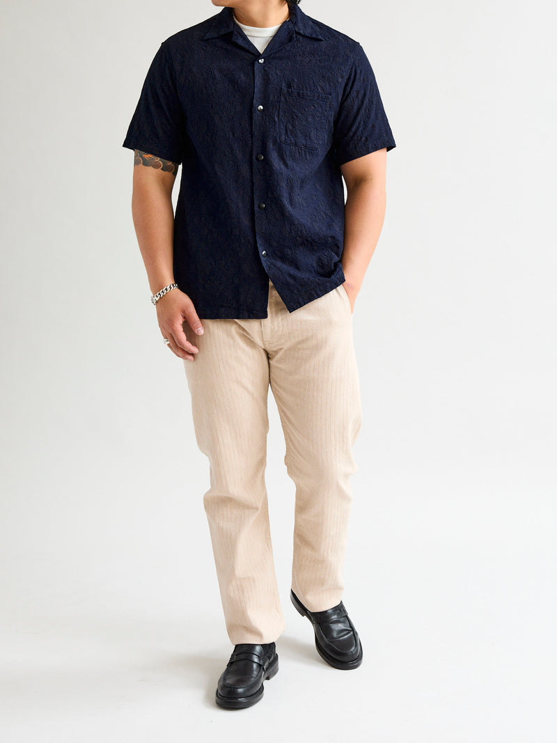 Jacquard Open Collar Shirt in Indigo Paisley