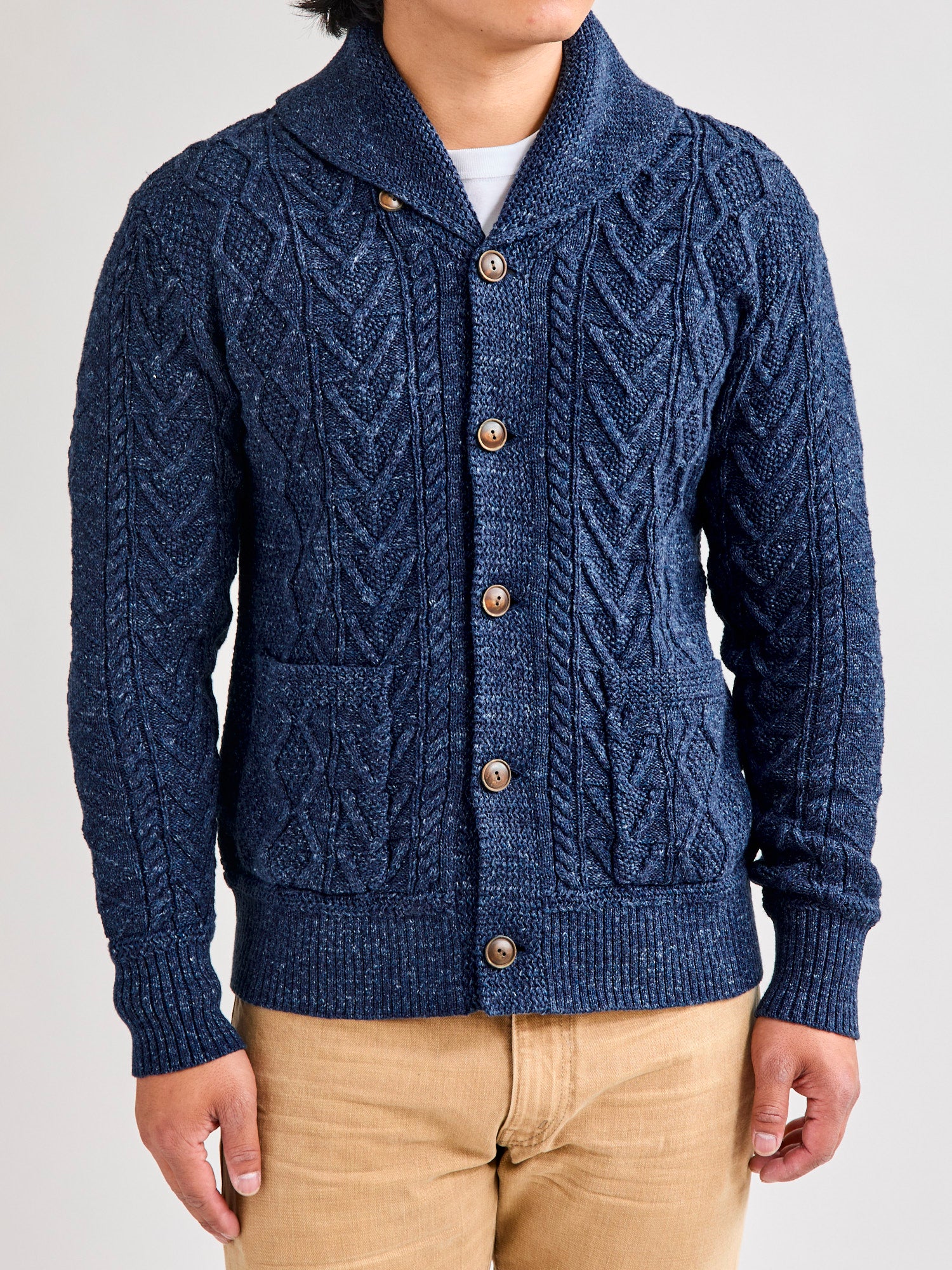 Aran-Knit Shawl Collar Cardigan in Navy Heather – Blue Owl Workshop