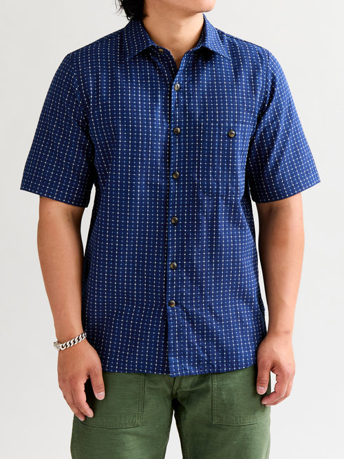 "Sashiko Grid" Oxford Shirt in Indigo