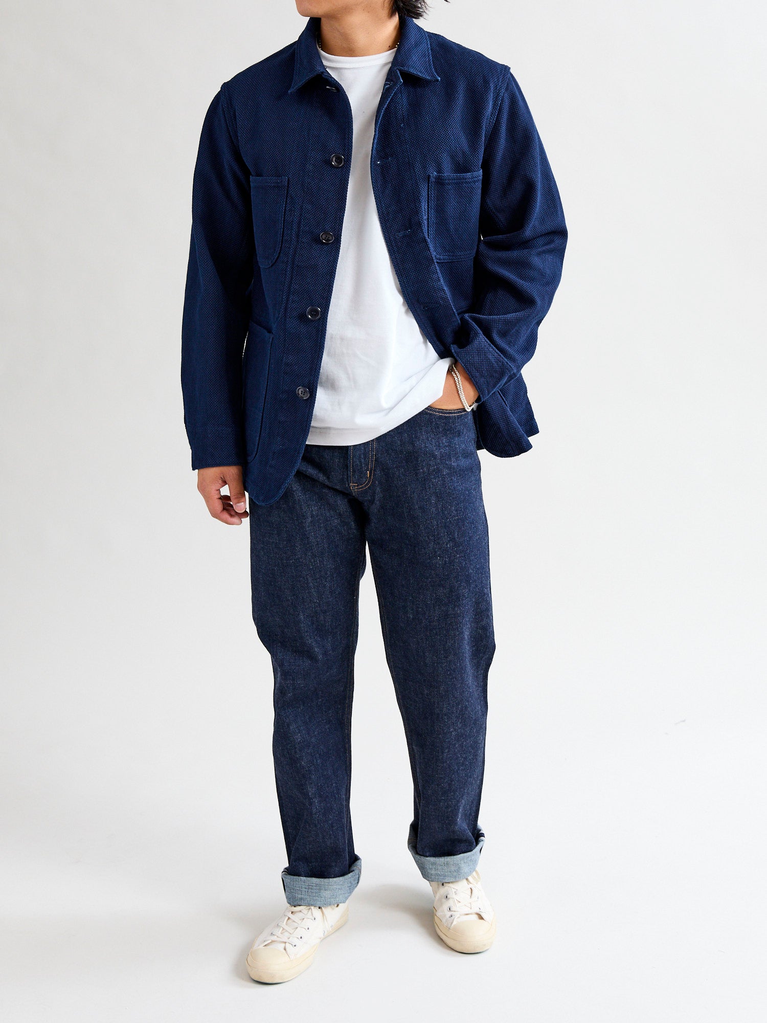 Double Cloth Sashiko Coverall Jacket in Hand Dyed Indigo – Blue