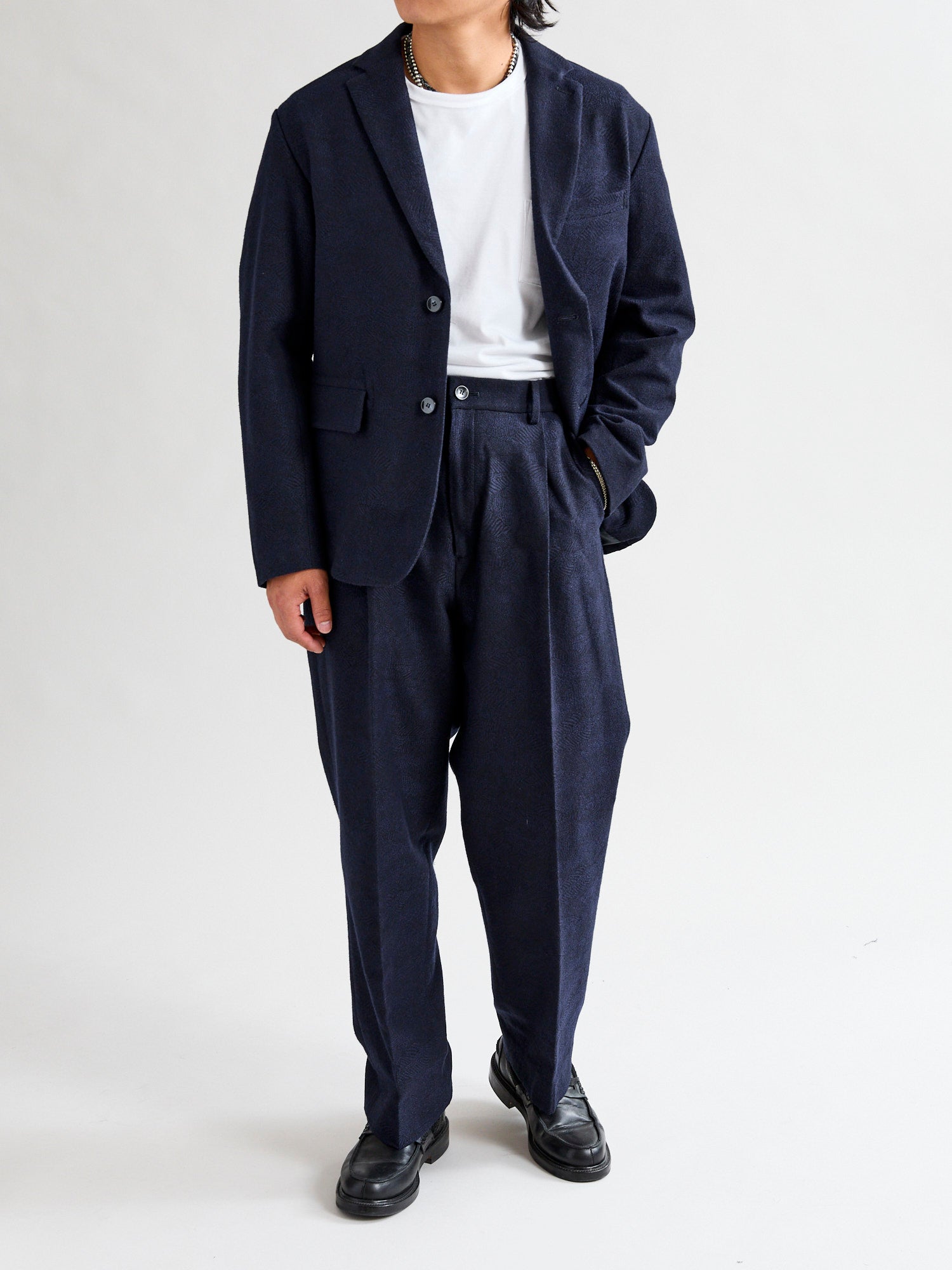Wind Flow Jacquard Tucked Trousers in Dark Navy – Blue Owl Workshop