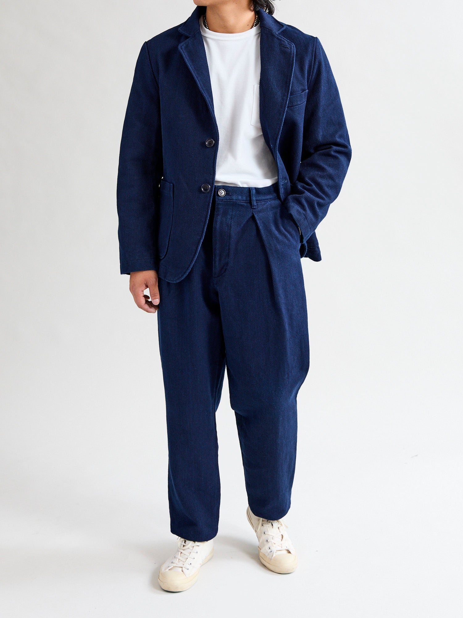 Double Cloth Sashiko Tailored Jacket in Hand Dyed Indigo – Blue