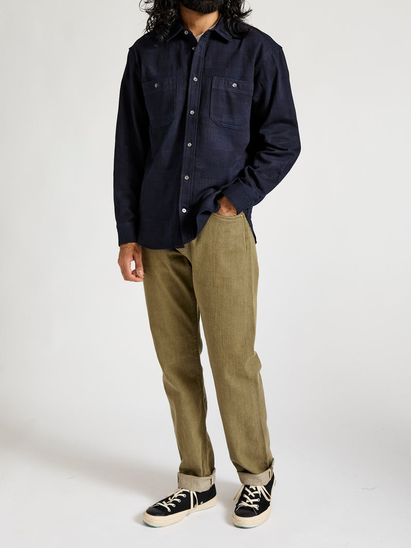 Patchwork Jacquard Button-Down Shirt in Indigo