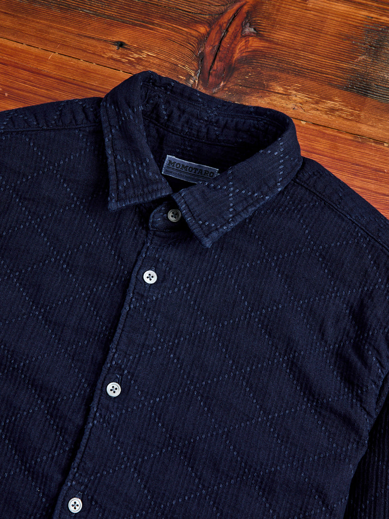Diamond Sashiko Button-Down Shirt in Indigo Overdye