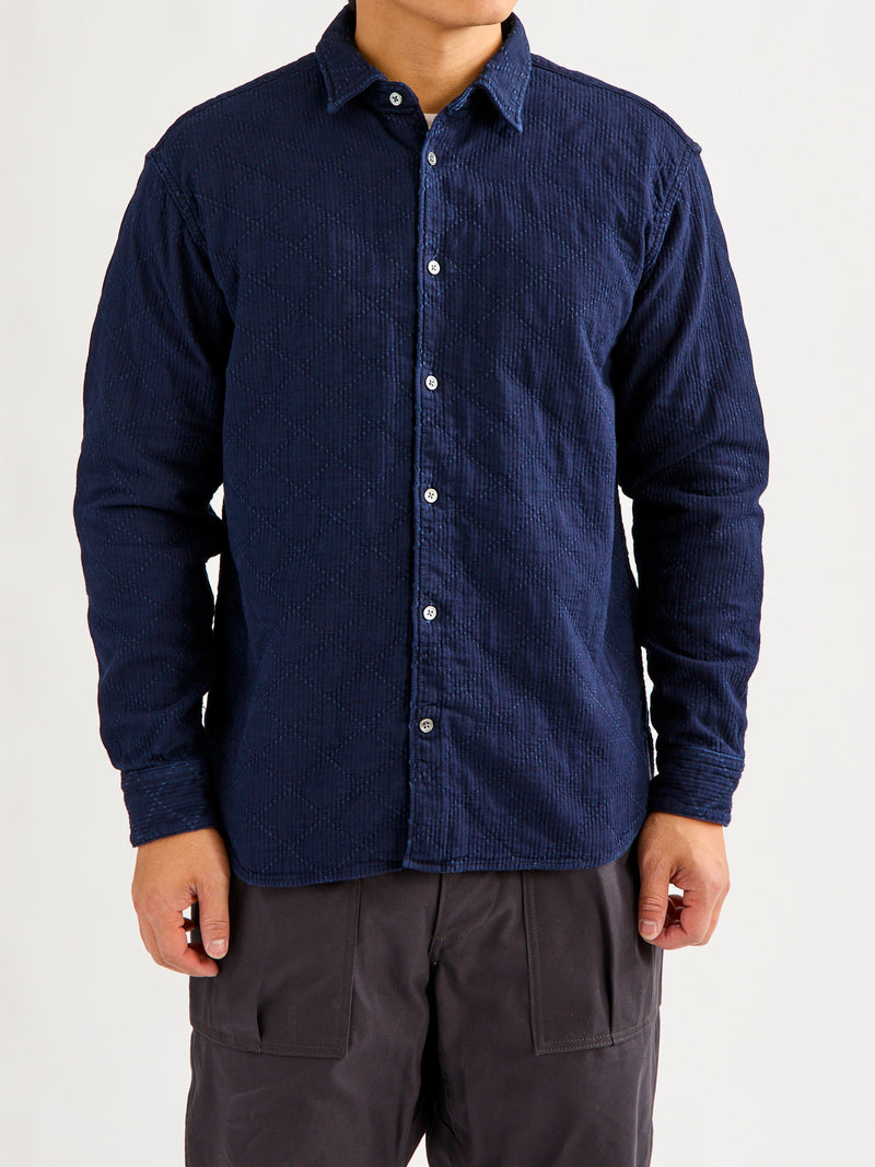 Diamond Sashiko Button-Down Shirt in Indigo Overdye