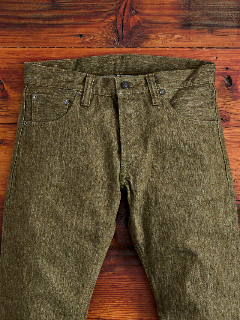 OL-14oz-005 14oz Rinsed Olive Selvedge Denim - Slim Straight Fit