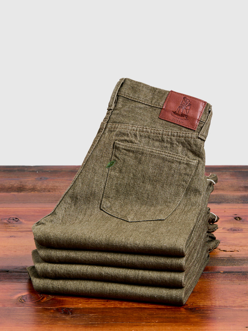 OL-14oz-019 14oz Rinsed Olive Selvedge Denim - Relaxed Tapered Fit