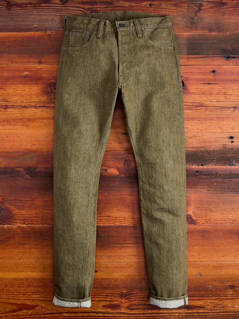 OL-14oz-019 14oz Rinsed Olive Selvedge Denim - Relaxed Tapered Fit