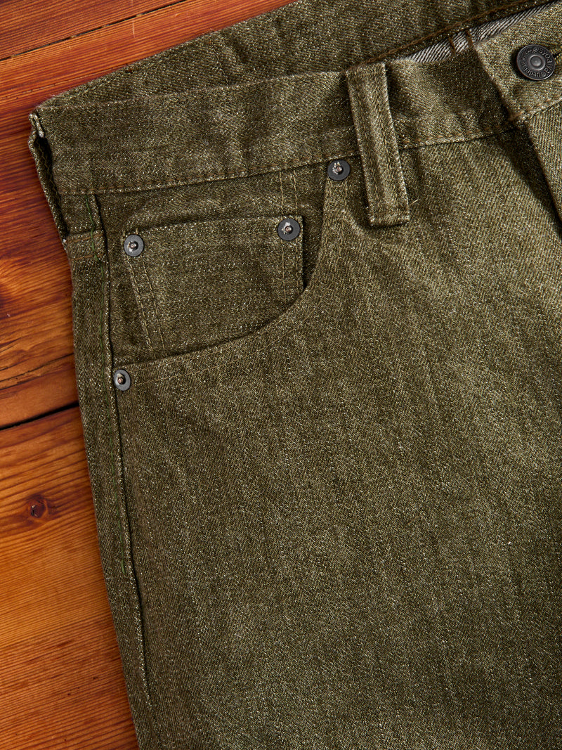 OL-14oz-019 14oz Rinsed Olive Selvedge Denim - Relaxed Tapered Fit