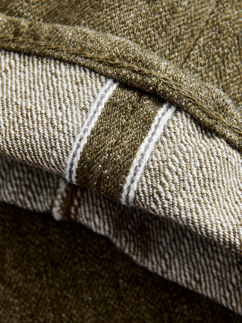 OL-14oz-005 14oz Rinsed Olive Selvedge Denim - Slim Straight Fit