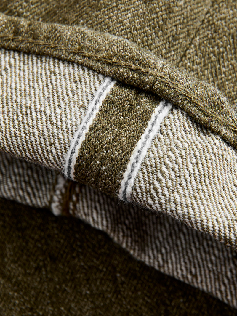 OL-14oz-019 14oz Rinsed Olive Selvedge Denim - Relaxed Tapered Fit