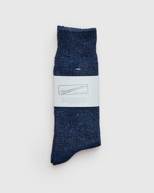 Linen Sashiko Crew Socks in Navy