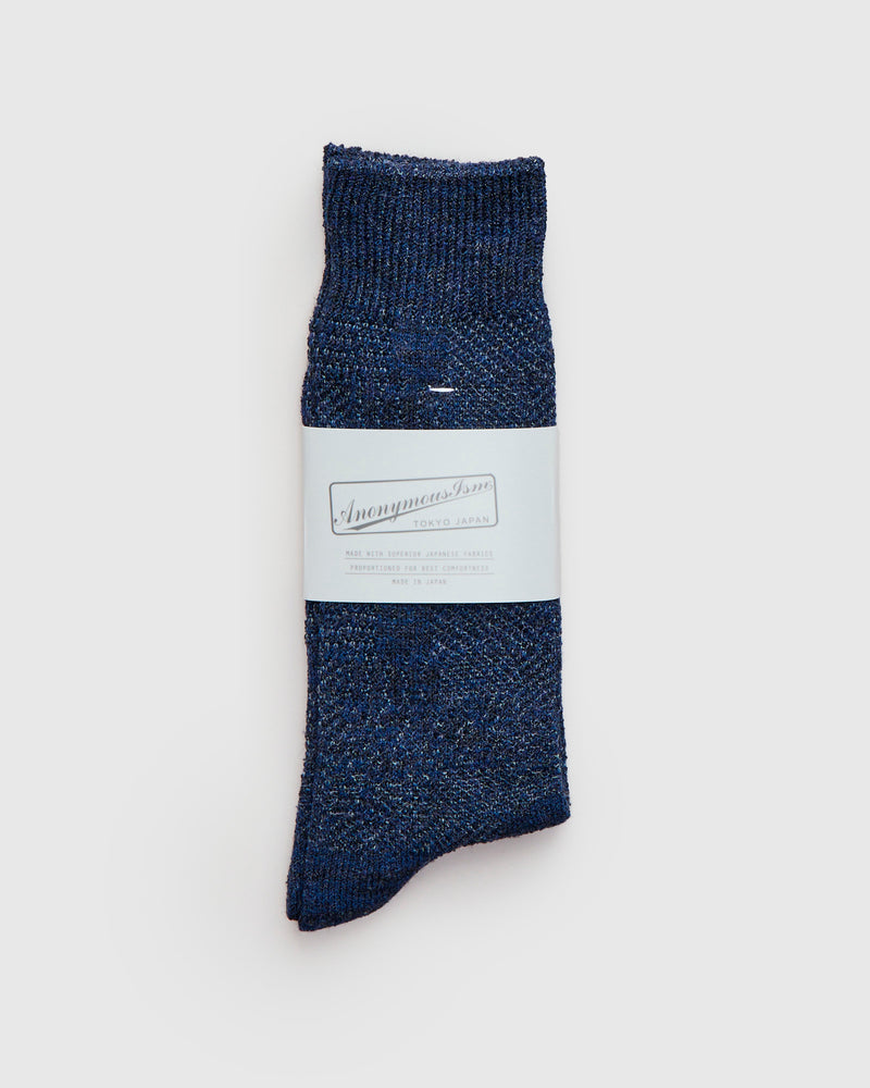 Linen Sashiko Crew Socks in Navy