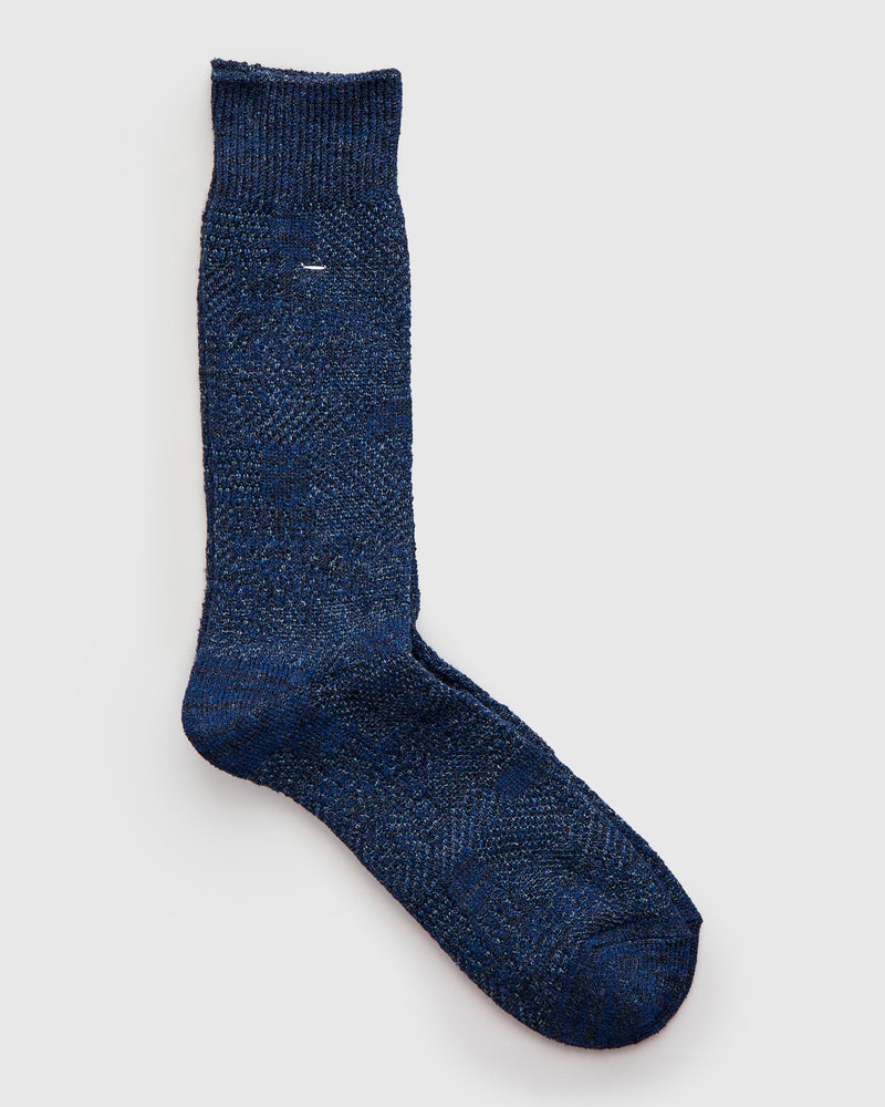 Linen Sashiko Crew Socks in Navy