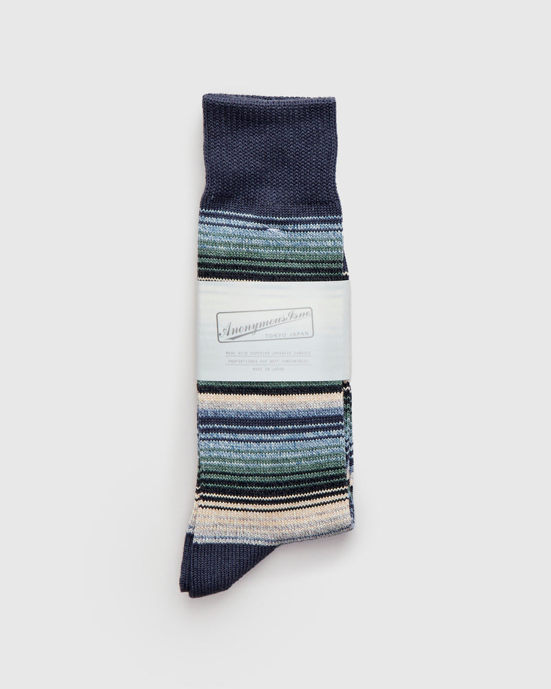 Sarape Stripes Crew Sock in Blue Beige