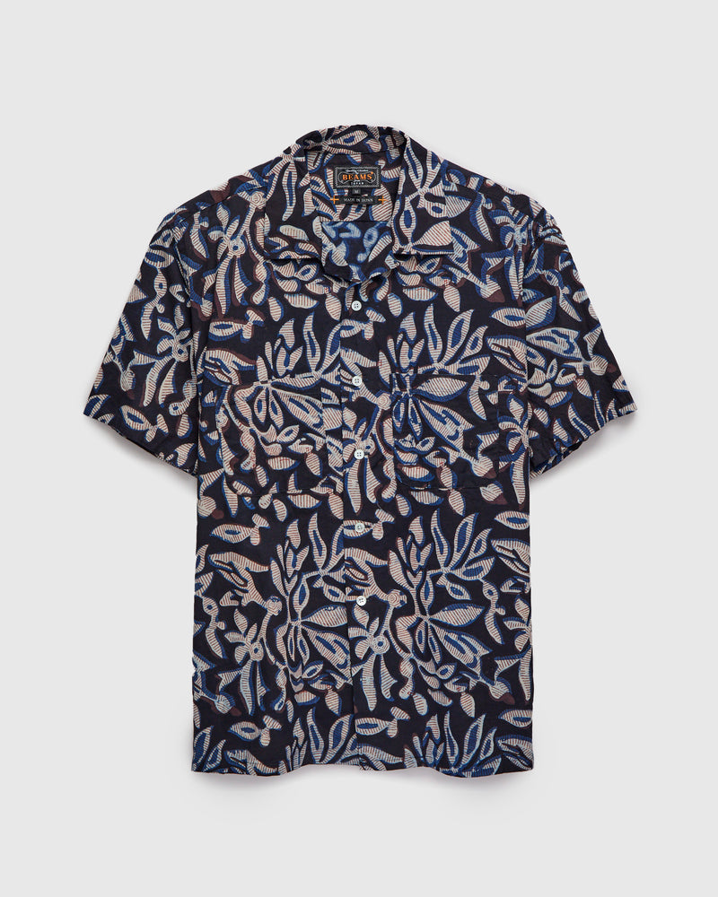 Leaf Block Print Open Collar Shirt in Navy