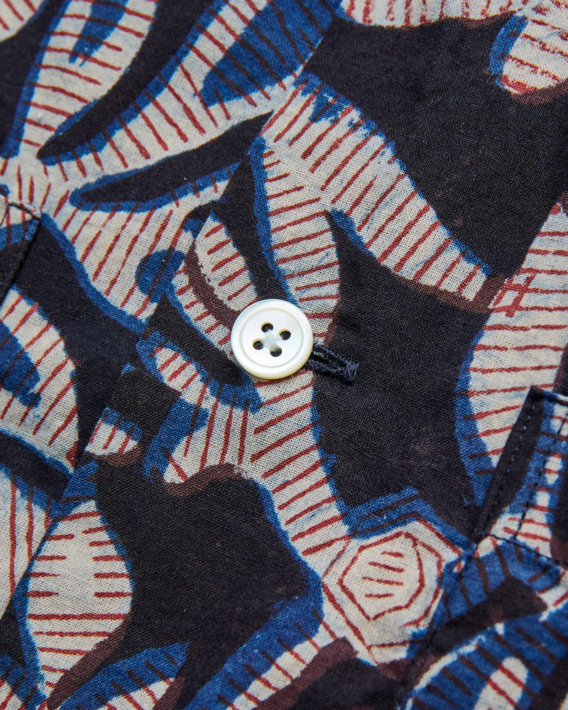 Leaf Block Print Open Collar Shirt in Navy