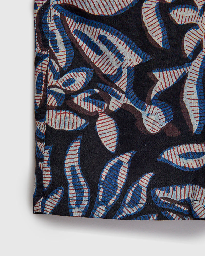 Leaf Block Print Open Collar Shirt in Navy