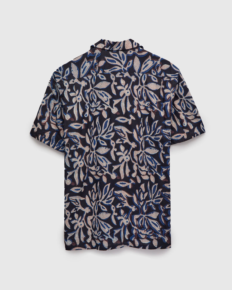 Leaf Block Print Open Collar Shirt in Navy