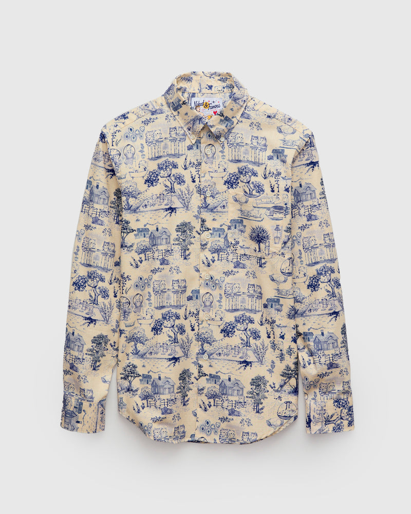 "Linen Cats" Button Down Easy Shirt in Blue
