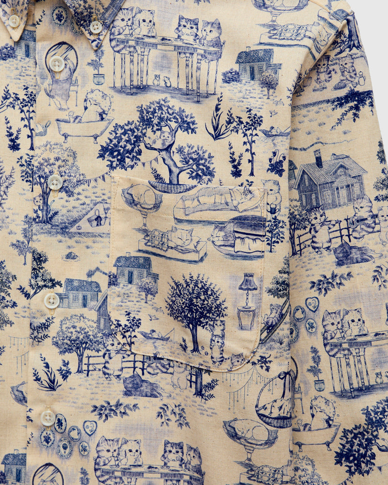 "Linen Cats" Button Down Easy Shirt in Blue