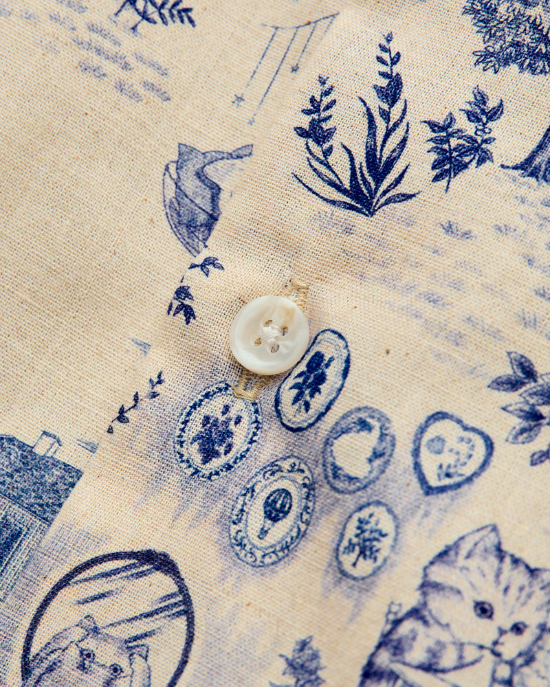 "Linen Cats" Button Down Easy Shirt in Blue