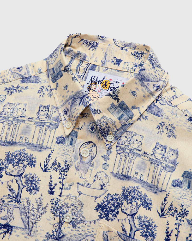 "Linen Cats" Button Down Easy Shirt in Blue