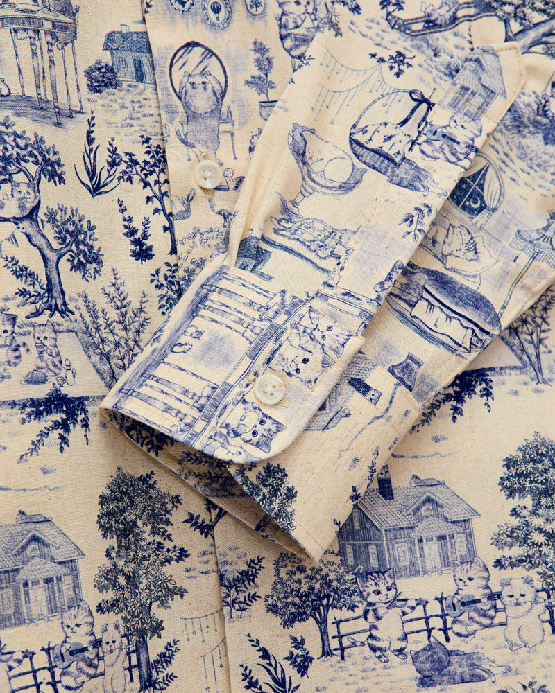 "Linen Cats" Button Down Easy Shirt in Blue