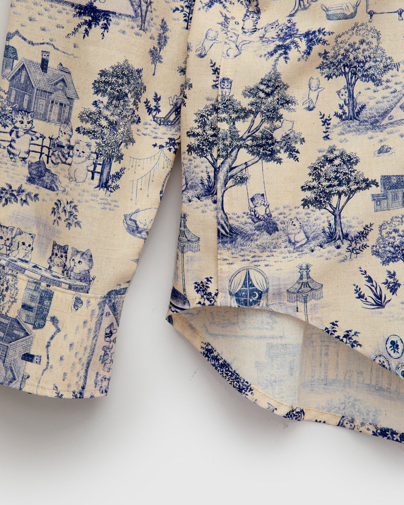 "Linen Cats" Button Down Easy Shirt in Blue