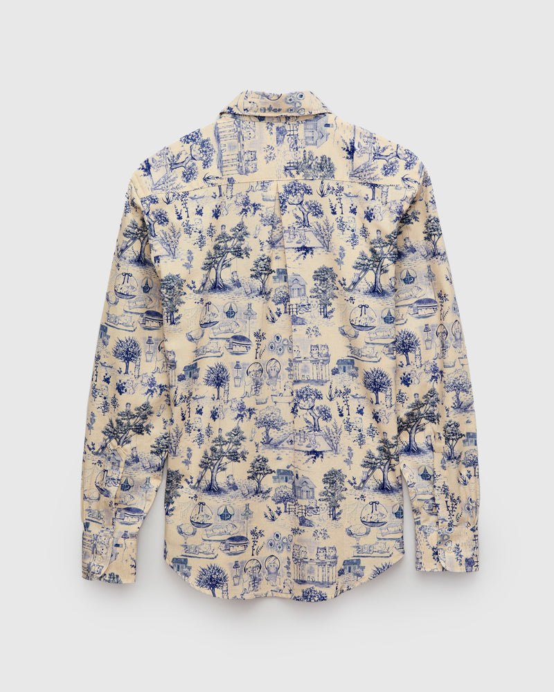 "Linen Cats" Button Down Easy Shirt in Blue