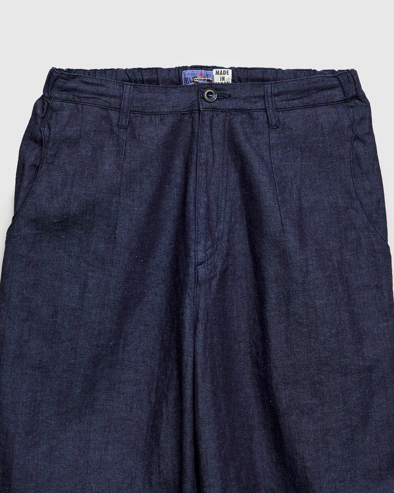 Linen Herringbone Pleated Knee Trousers in Indigo