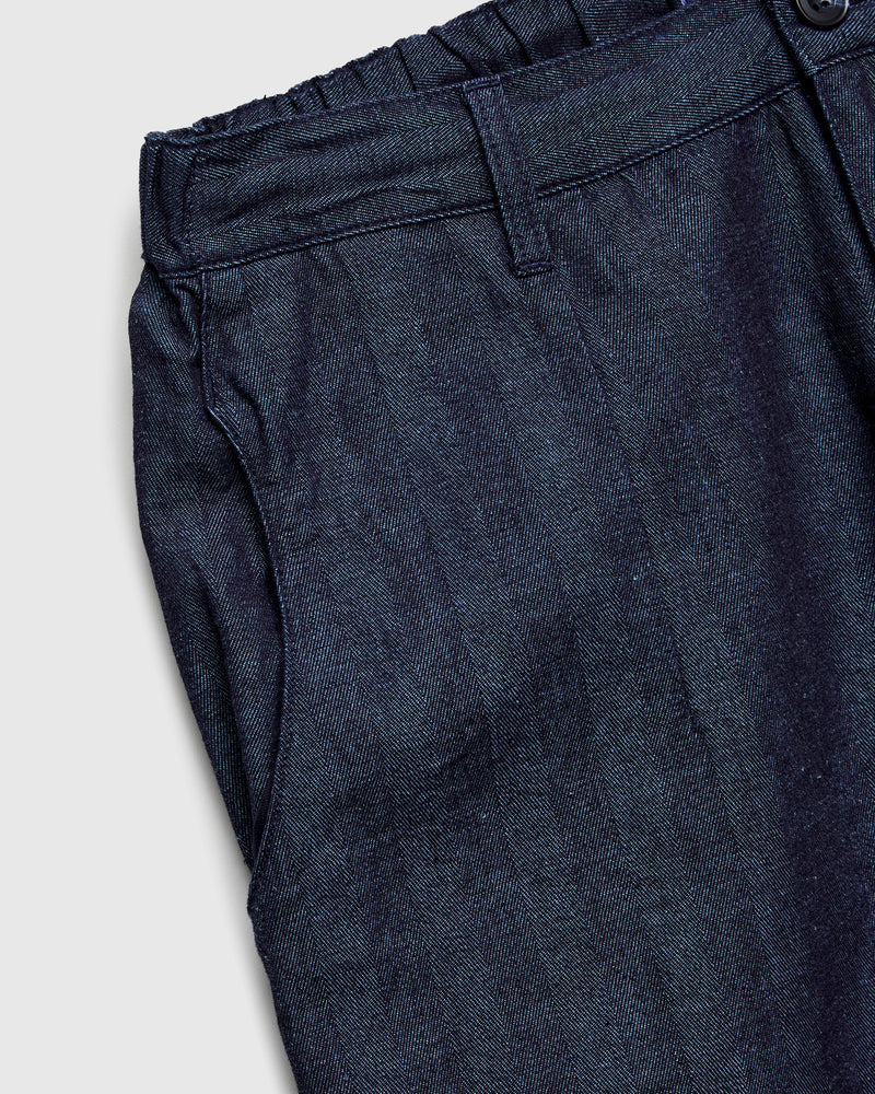 Linen Herringbone Pleated Knee Trousers in Indigo