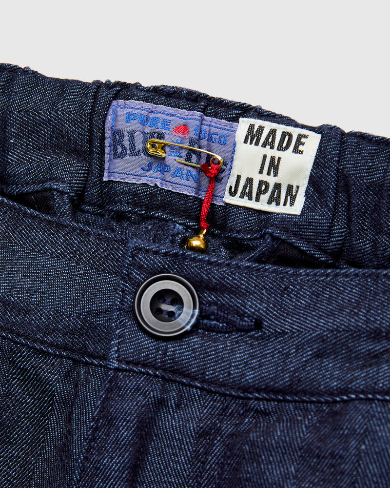 Linen Herringbone Pleated Knee Trousers in Indigo