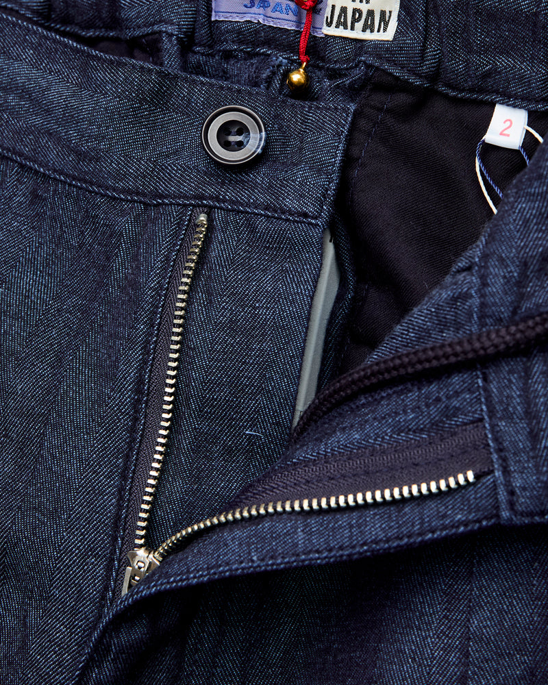 Linen Herringbone Pleated Knee Trousers in Indigo